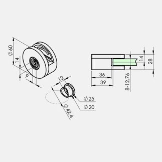 Pince à verre ronde Ø60mm départ pour poteau rond Ø42,4mm