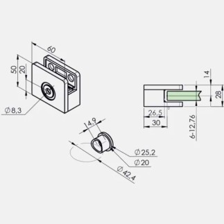 Pince à verre carrée départ 60x60 pour poteau rond